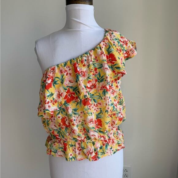 AMERICAN EAGLE YELLOW FLORAL ONE SHOULDER BLOUSE RUFFLE NECKLINE MEDIUM - Picture 2 of 7